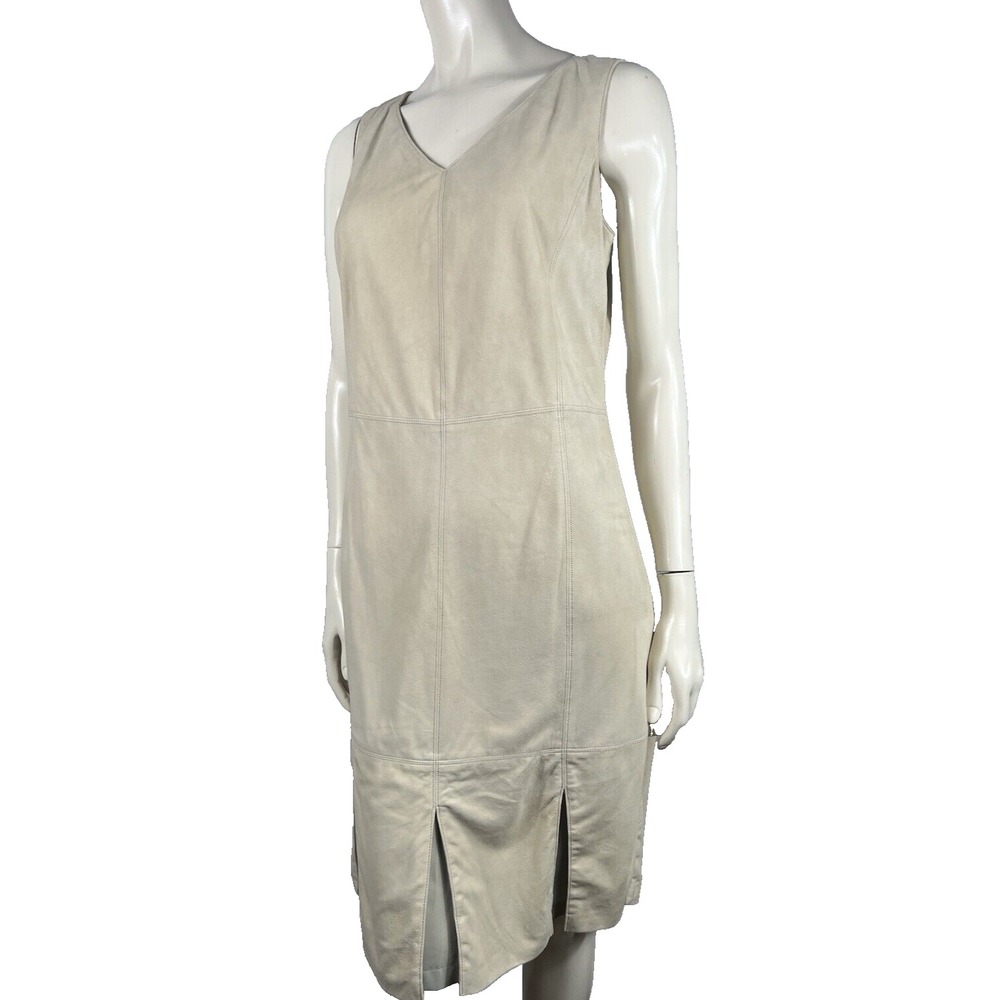 Doncaster Soft Suede Leather Beige Sleeveless Pleated Hem Lined Dress 6